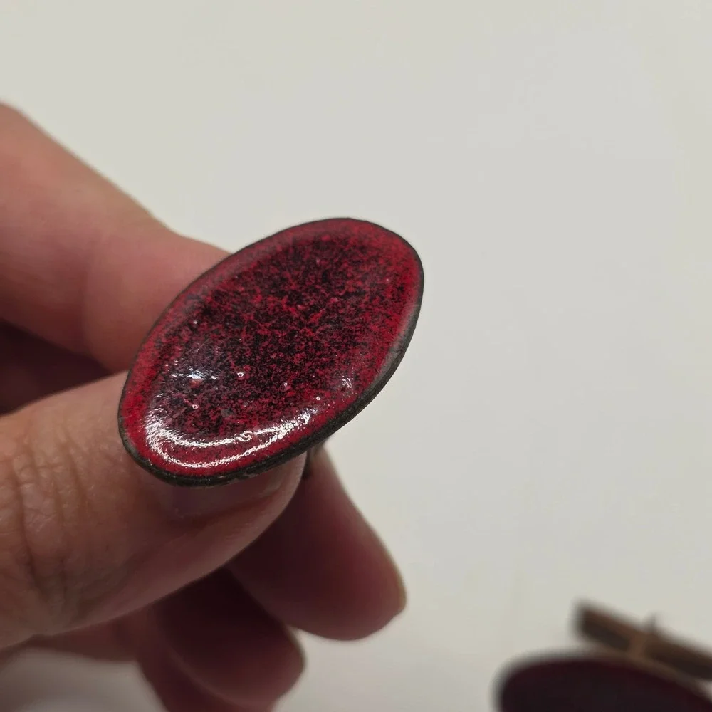 Vintage Copper Red Enamel Oval Cufflinks Mens MCM Mid Century Modern Retro